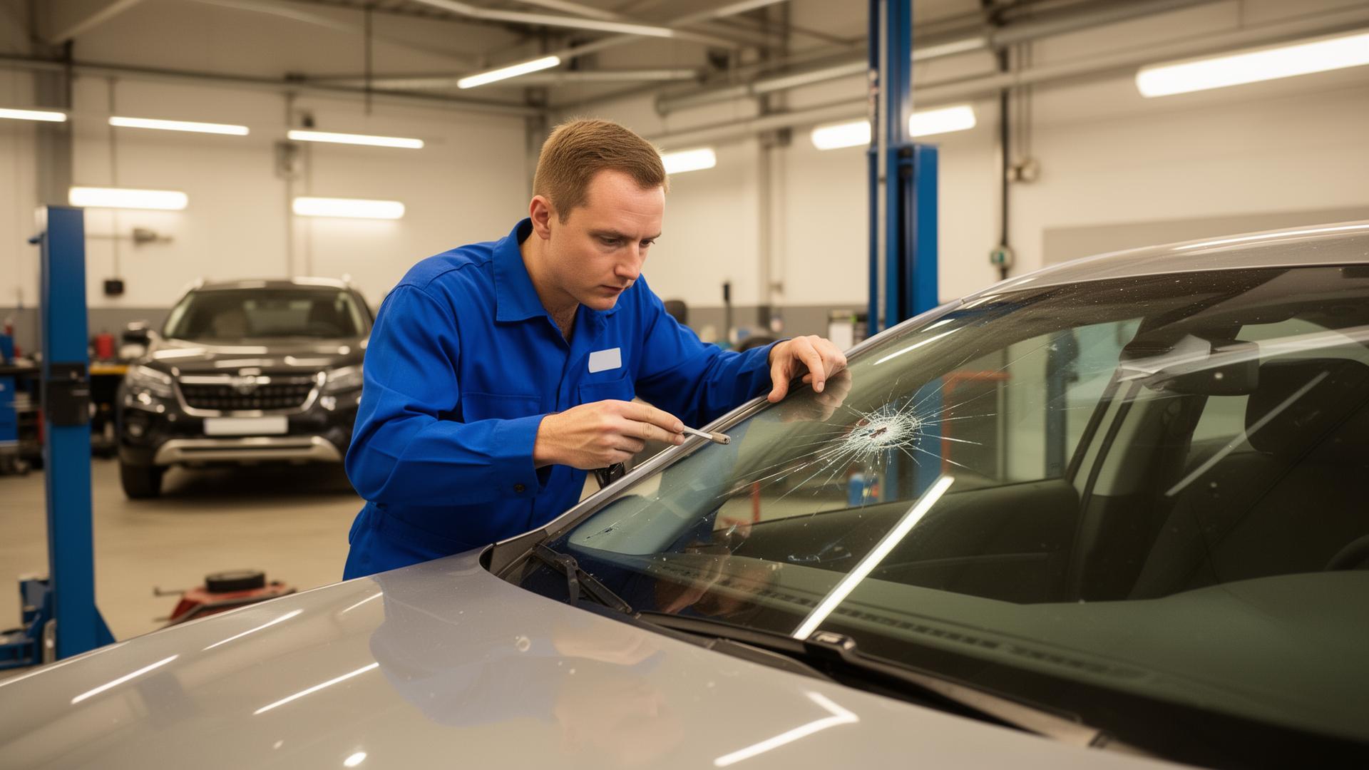 Windschutzscheibe mit Steinschlag in professioneller Autowerkstatt